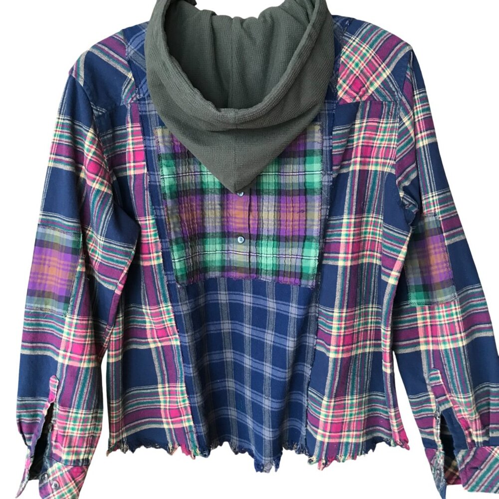 Oversized Patchwork Hoodie Boho Button-Down Flannel Shirt Jacket Cotton Size M-L
